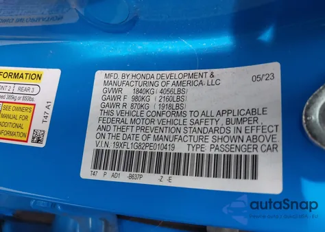 2023 Honda Civic Sport Touring from USA, damaged, VIN 19XFL1G82PE010419